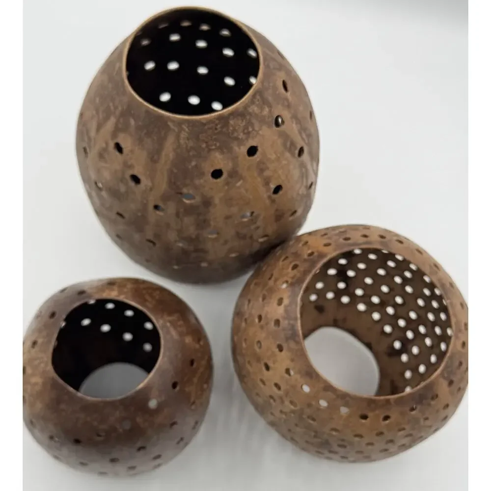 3 Piece Coconut Shell Candle Holders Set Hollow Pierced Handmade Natural Rustic